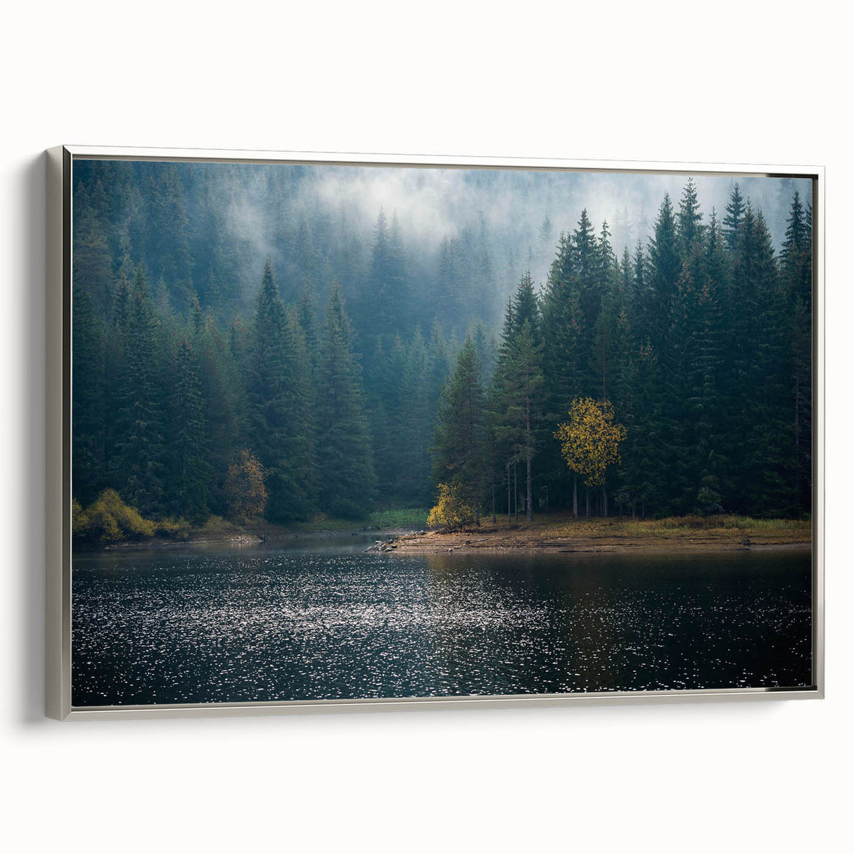 Framed wall art collection showcasing a misty landscape design with soft gray and silver tones, ideal for modern home decor, enhancing tranquility and elegance.