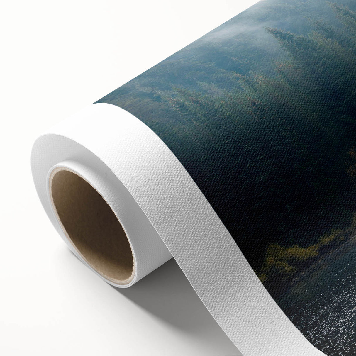 Rolled canvas artwork showcasing a serene landscape design featuring misty fog over lush hills, perfect for home decor enhancement, emphasizing tranquility and nature.