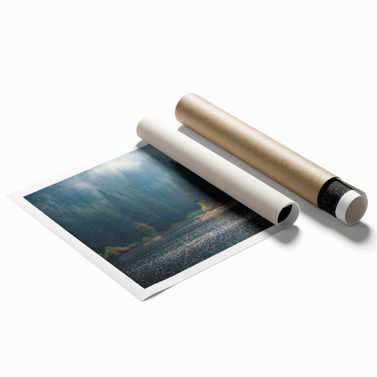 Mist-covered landscape wall art print showcasing serene mountains and soft fog, ideal for home decor, rolled for easy framing and display.
