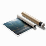 Mist-covered landscape wall art print showcasing serene mountains and soft fog, ideal for home decor, rolled for easy framing and display.