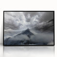 Framed acrylic wall art featuring a serene landscape with mist and fog, showcasing subtle hues of gray and blue, perfect for modern home decor.