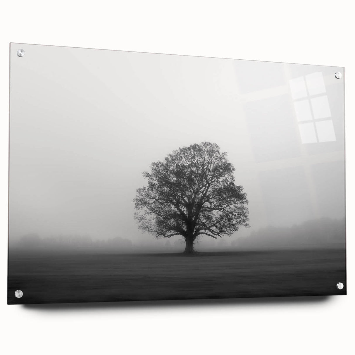 Acrylic glass wall art collection showcasing a serene landscape design with mist and fog, featuring a side view display with stylish pins for easy hanging. The artwork adds a calming touch to any room decor, enhancing the ambiance with its soft colors and atmospheric depth.