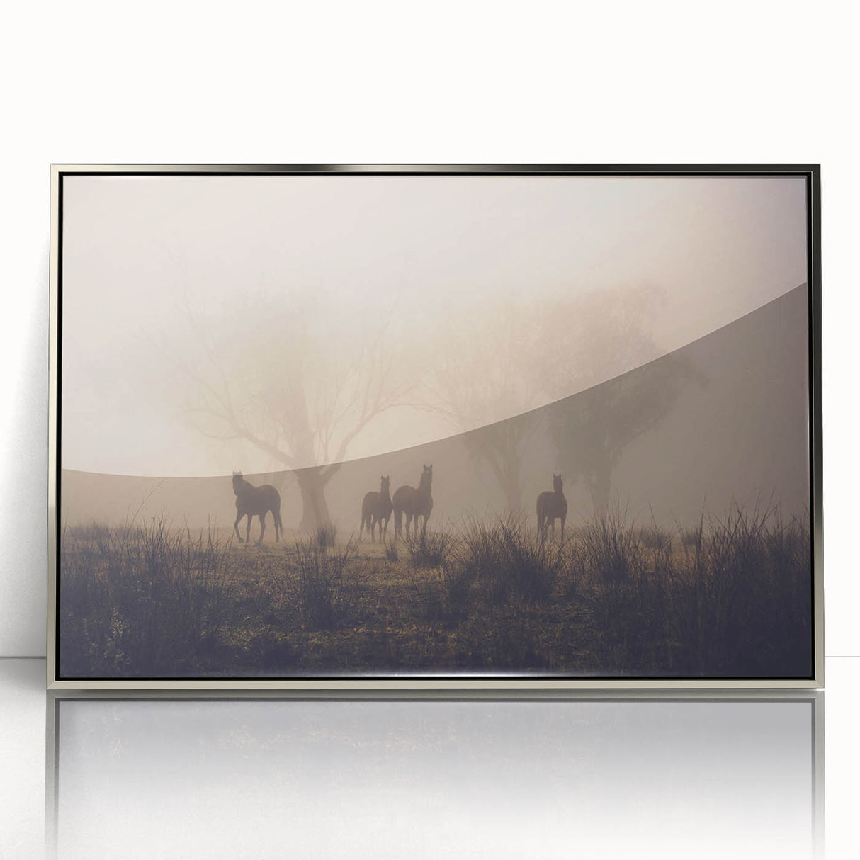 Framed acrylic wall art showcasing a serene landscape design with mist and fog, featuring silver accents, perfect for enhancing modern home decor.
