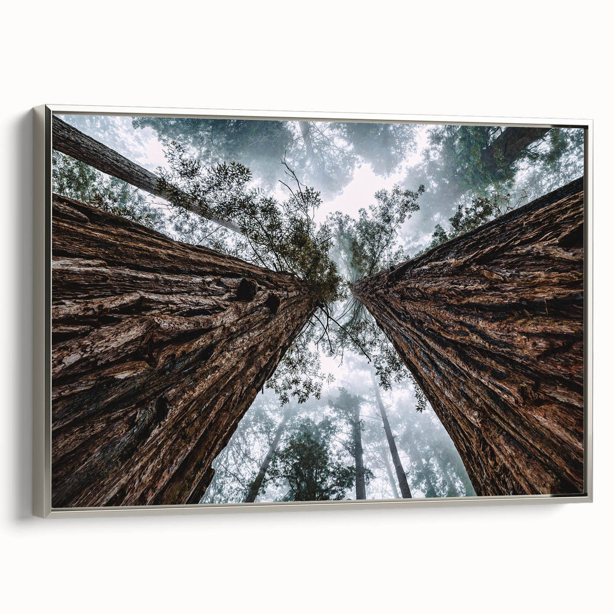 Framed canvas wall art showcasing a serene landscape design with mist and fog, elegantly bordered in silver, perfect for enhancing home decor aesthetics.