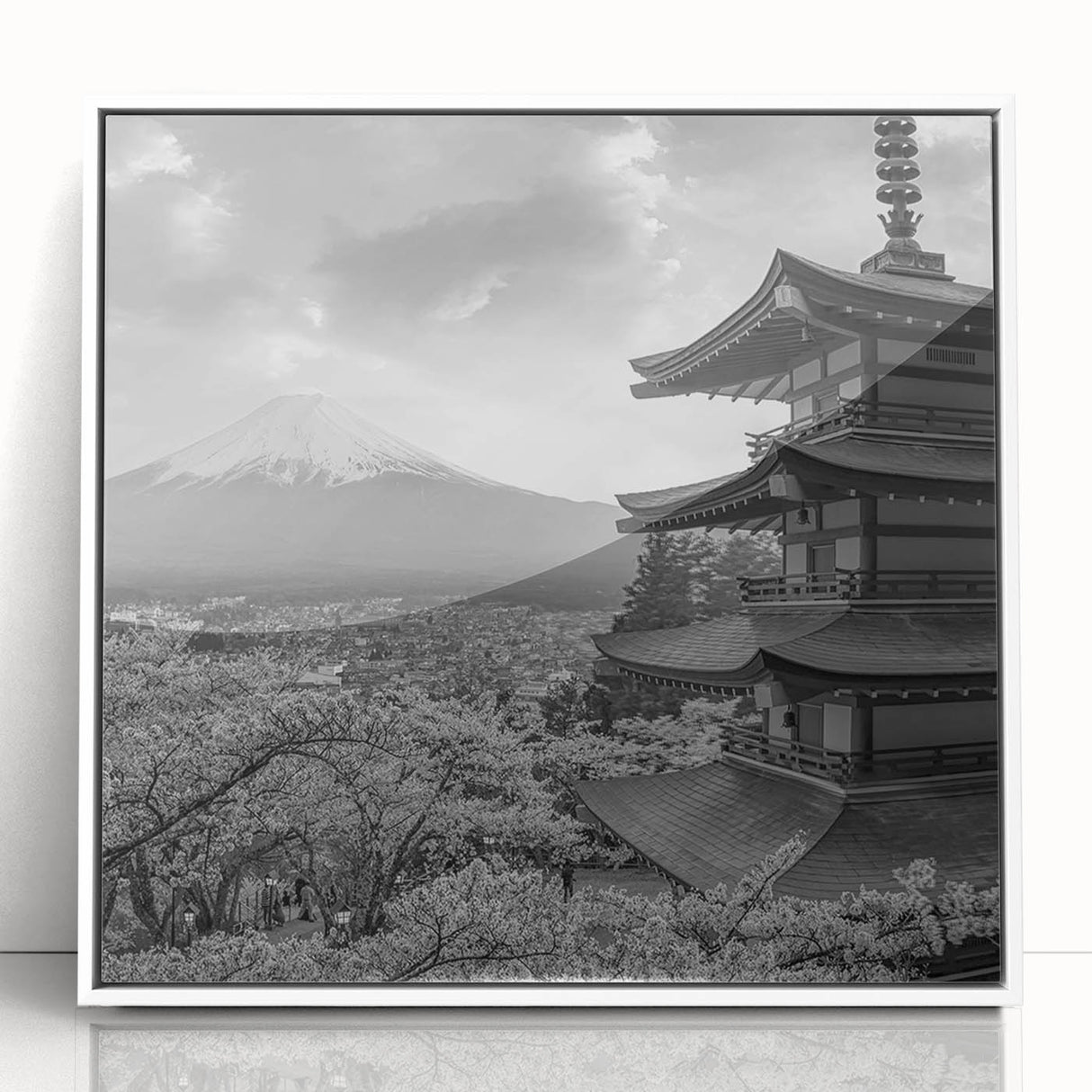 Framed wall art featuring a stunning mountain landscape design, with a white border and acrylic front, perfect for modern home decor and nature lovers.