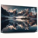 Acrylic glass wall art featuring a stunning mountain landscape design, displayed in a side view with pins, perfect for modern home decor and nature enthusiasts.