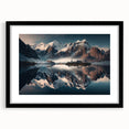 Framed wall art featuring a serene mountain landscape design, set in a sleek black frame with a mat, ideal for enhancing home decor and adding a touch of nature.