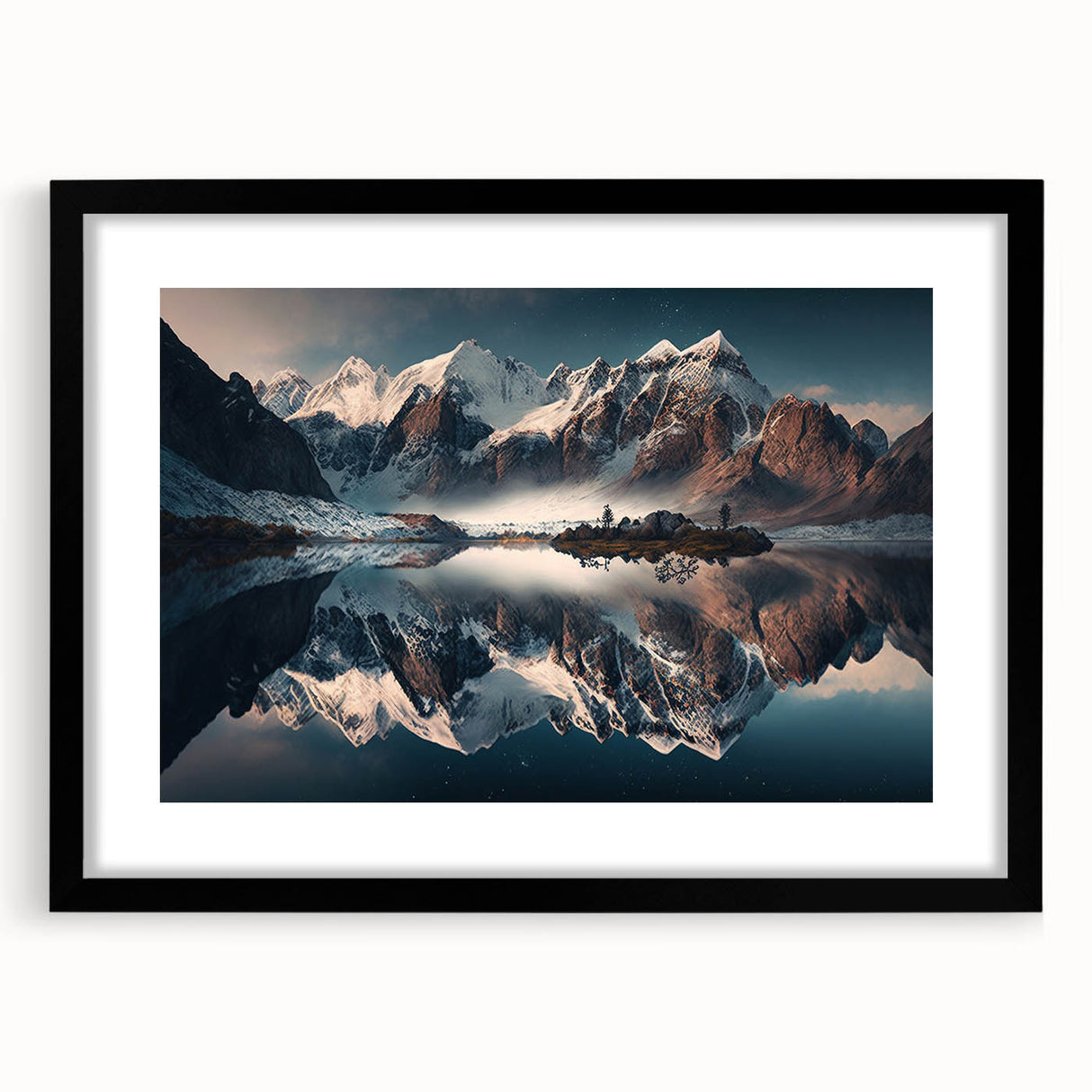 Framed wall art featuring a serene mountain landscape design, set in a sleek black frame with a mat, ideal for enhancing home decor and adding a touch of nature.