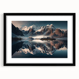 Framed wall art featuring a serene mountain landscape design, set in a sleek black frame with a mat, ideal for enhancing home decor and adding a touch of nature.