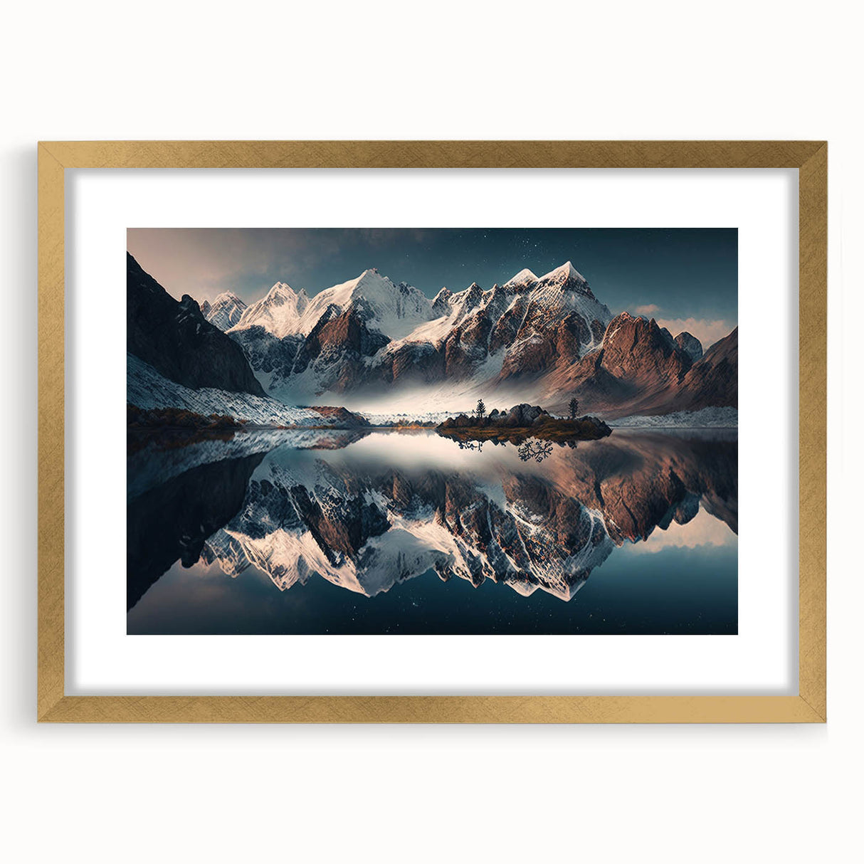 Framed wall art featuring a serene mountain landscape design with a gold mat, showcasing vibrant colors and intricate details, perfect for home decor.