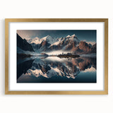 Framed wall art featuring a serene mountain landscape design with a gold mat, showcasing vibrant colors and intricate details, perfect for home decor.