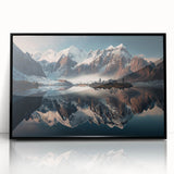 Framed acrylic wall art featuring a stunning landscape of mountains, showcasing vibrant colors and intricate details, ideal for home decor. The black frame enhances the visual appeal, making it an eye-catching addition to any room.