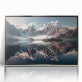 Framed acrylic wall art showcasing a stunning mountain landscape design, featuring silver accents and a sleek front view, perfect for enhancing modern decor.