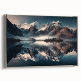 Framed canvas wall art showcasing a stunning mountain landscape design, featuring silver accents and a side view that highlights its elegant framing, perfect for modern decor.