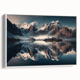 Framed canvas wall art depicting a serene landscape with majestic mountains and lush greenery, showcased from a side view against a white background, perfect for home decor.