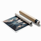 Stunning rolled print showcasing a vibrant mountain landscape design, featuring rich colors and intricate details, perfect for home decor or art collection.