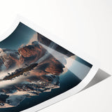 Stunning landscape wall art print showcasing majestic mountains under a vibrant sunset, rolled for easy framing and display, perfect for home decor.