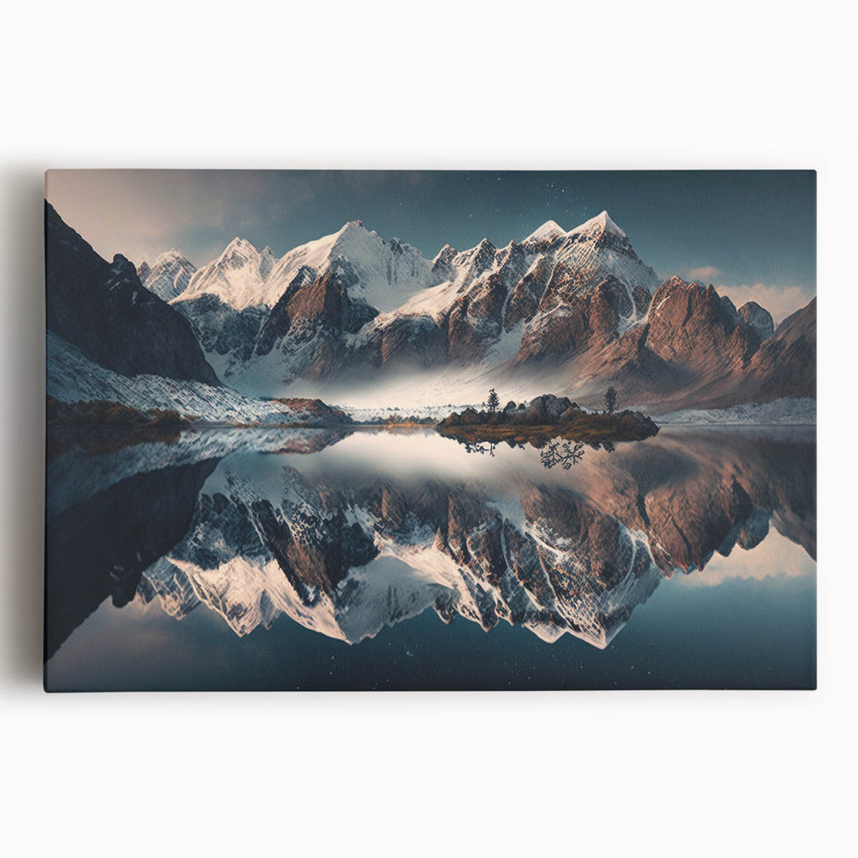 Stretched canvas wall art showcasing a serene mountain landscape with vibrant colors, perfect for home decor or office settings, enhancing tranquility and inspiration.