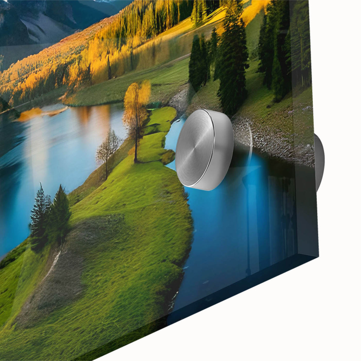 Close-up of a vibrant mountain landscape wall art piece, showcasing intricate details of acrylic glass, perfect for modern home decor and nature enthusiasts.