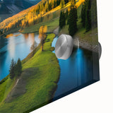 Close-up of a vibrant mountain landscape wall art piece, showcasing intricate details of acrylic glass, perfect for modern home decor and nature enthusiasts.