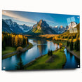 Acrylic glass wall art showcasing a stunning mountain landscape design, featuring vibrant colors and detailed textures, displayed in a side view with pins for easy hanging.