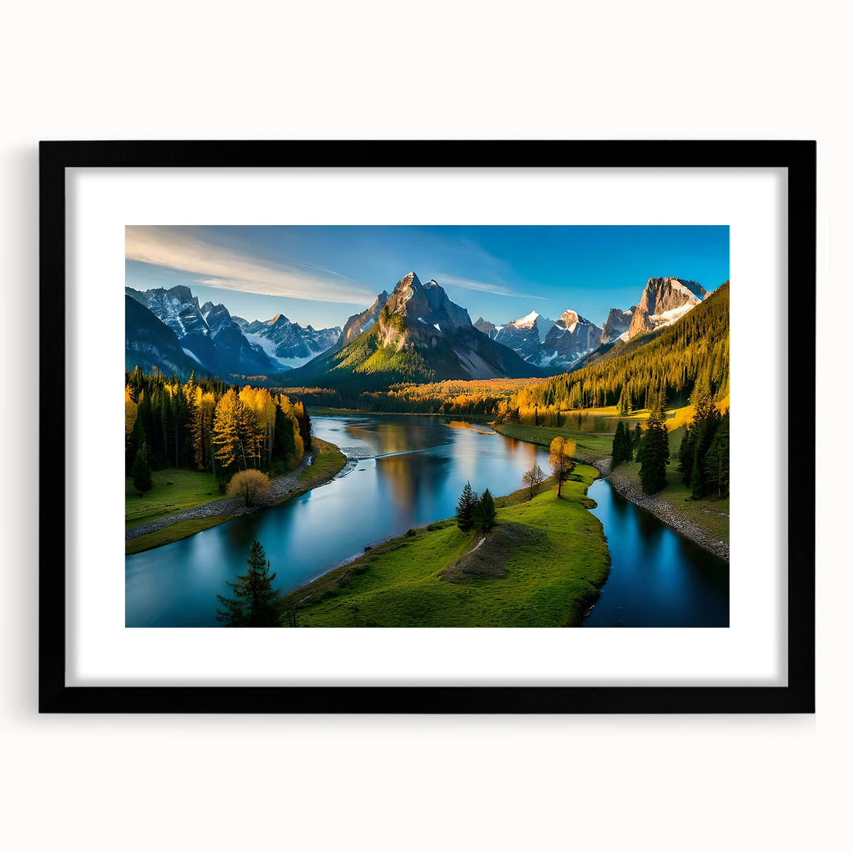 Framed black wall art showcasing a stunning mountain landscape design, perfect for home decor, with a sleek matte finish enhancing its visual appeal.