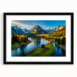 Framed black wall art showcasing a stunning mountain landscape design, perfect for home decor, with a sleek matte finish enhancing its visual appeal.