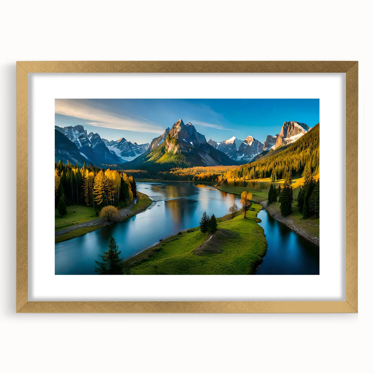 Framed wall art featuring a stunning mountain landscape design with gold accents and a white mat, perfect for home decor and enhancing interior aesthetics.