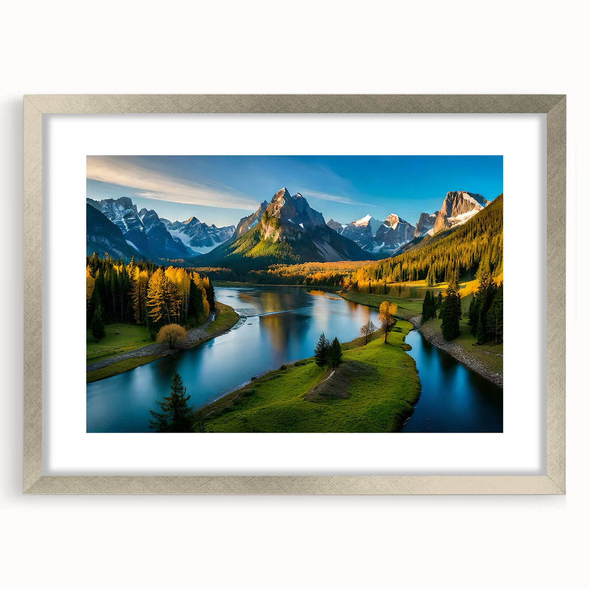 Framed landscape wall art showcasing majestic mountains in a silver frame with mat, perfect for enhancing modern home decor aesthetics.