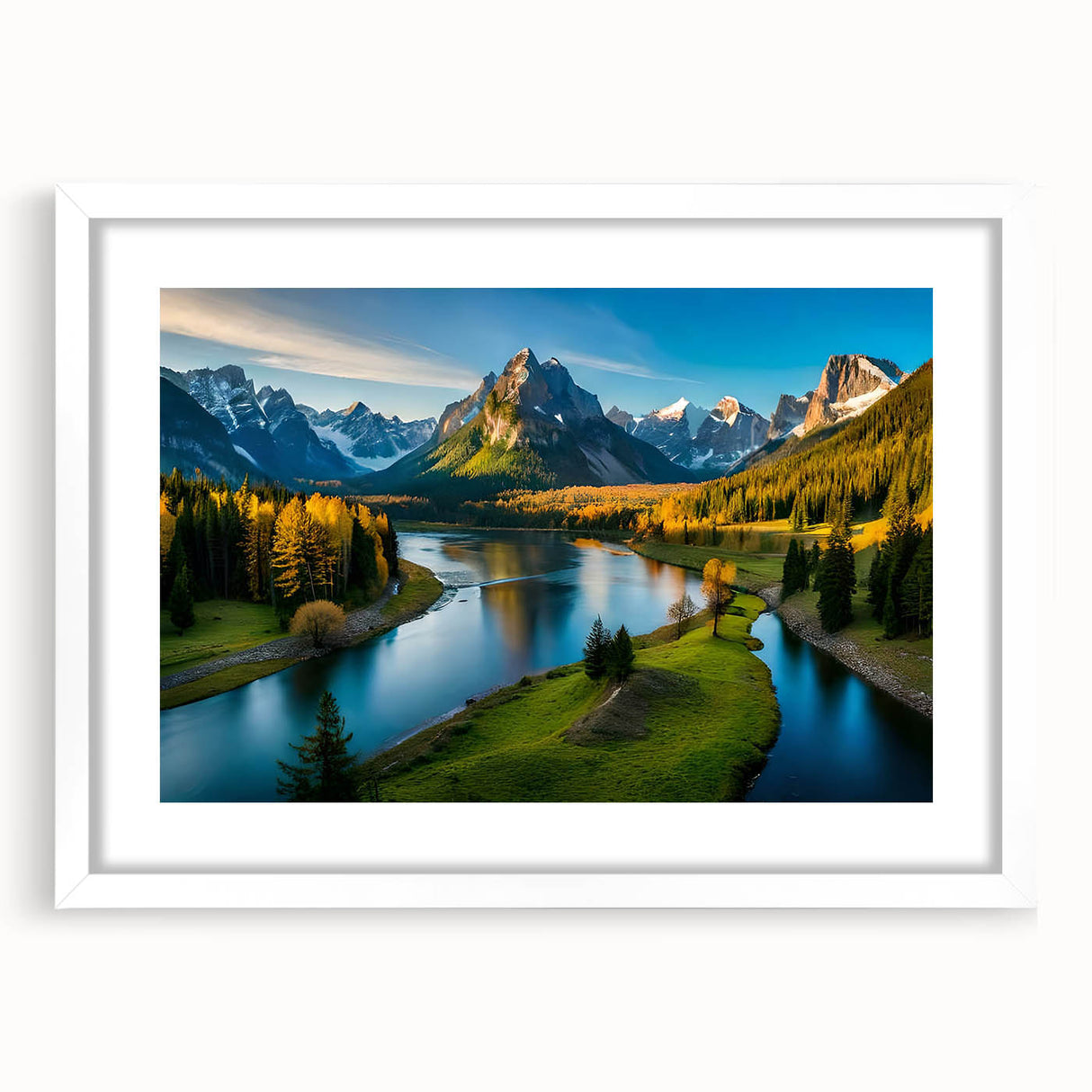 Framed wall art featuring a serene mountain landscape design with vibrant colors and a white mat, perfect for enhancing home decor and creating a calming atmosphere.