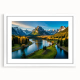 Framed wall art featuring a serene mountain landscape design with vibrant colors and a white mat, perfect for enhancing home decor and creating a calming atmosphere.