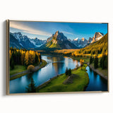 Framed canvas wall art showcasing a stunning mountain landscape with golden accents, perfect for home decor. Ideal for nature lovers and interior design enthusiasts.