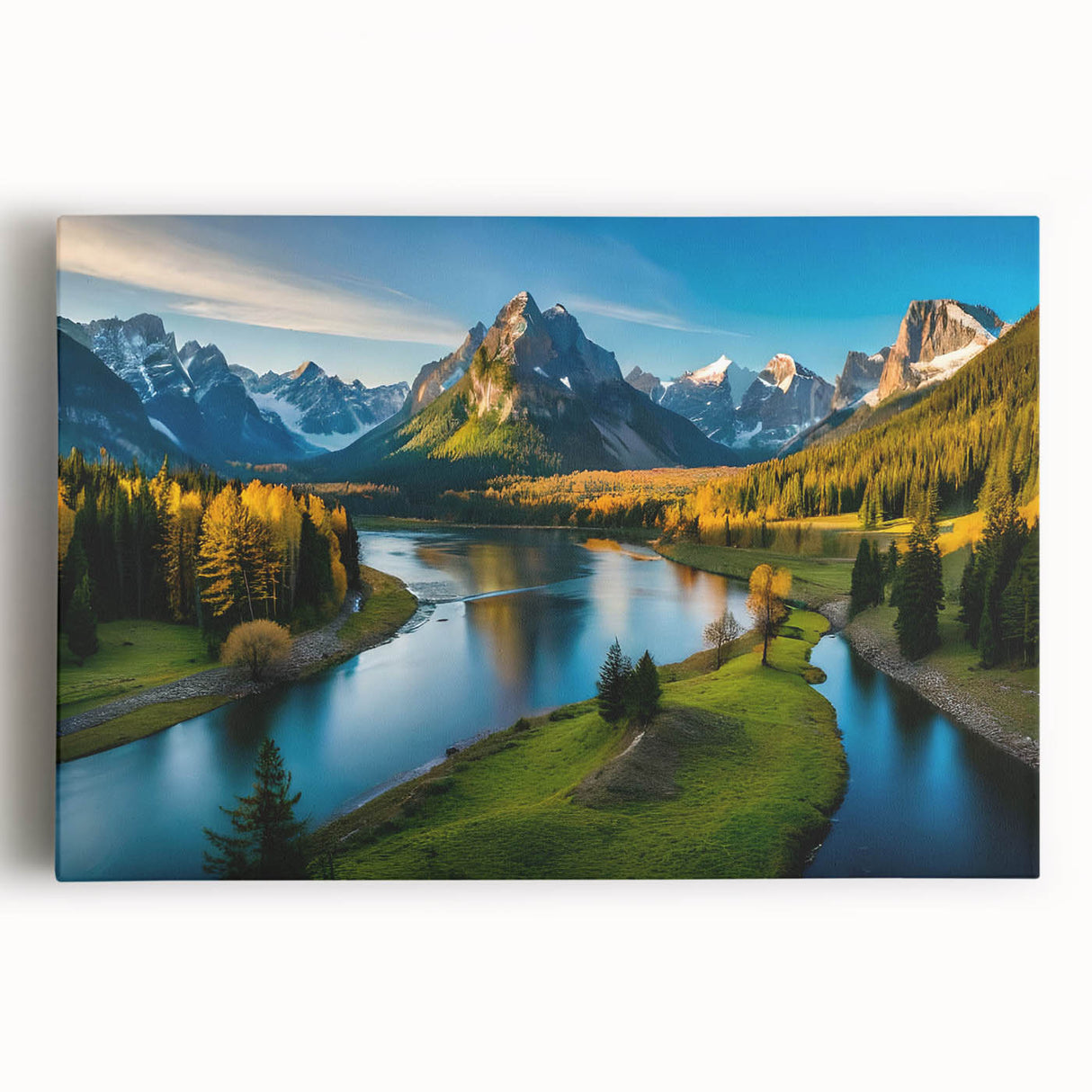 Stretched canvas wall art featuring a stunning mountain landscape design, showcasing vibrant colors and intricate details, ideal for home decor or office settings.