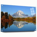 Acrylic glass wall art featuring a stunning mountain landscape design, displayed from a side view with decorative pins, perfect for enhancing any modern interior decor.
