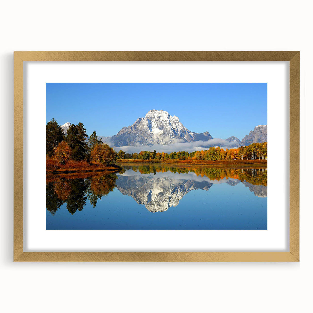 Framed wall art collection showcasing a stunning mountain landscape design with a gold mat, ideal for enhancing home décor with nature's beauty.