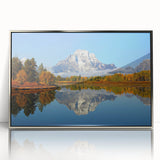 Framed acrylic wall art featuring a stunning mountain landscape design in silver tones, ideal for home decor or office, adding a touch of elegance to any space.