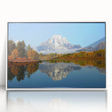 Framed acrylic wall art featuring a stunning mountain landscape design with vibrant colors, set against a sleek white frame, ideal for home decor.