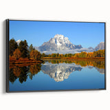 Framed canvas wall art depicting a serene mountain landscape with vibrant colors and intricate details, showcasing a modern black frame and side view perspective. Perfect for home decor enthusiasts seeking nature-inspired aesthetics.