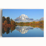 Stretched canvas wall art featuring a serene mountain landscape design with vibrant blues and greens, perfect for home decor and nature enthusiasts.