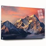 Acrylic wall art collection showcasing a stunning mountain landscape design in vibrant colors, elegantly displayed with pins on a clear background, ideal for modern decor.