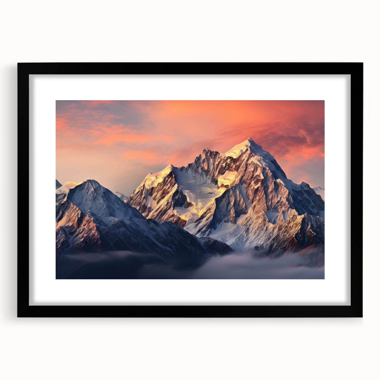 Framed wall art featuring a stunning mountain landscape design in a black frame with a white mat, ideal for home decor and nature enthusiasts.