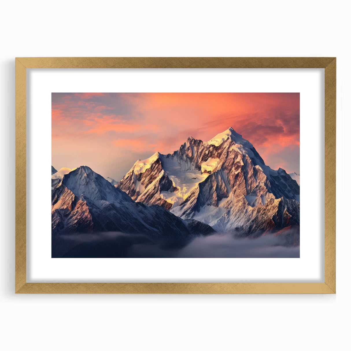 Framed wall art featuring a stunning mountain landscape design in gold accents, showcasing vibrant colors and intricate details, ideal for home decor.
