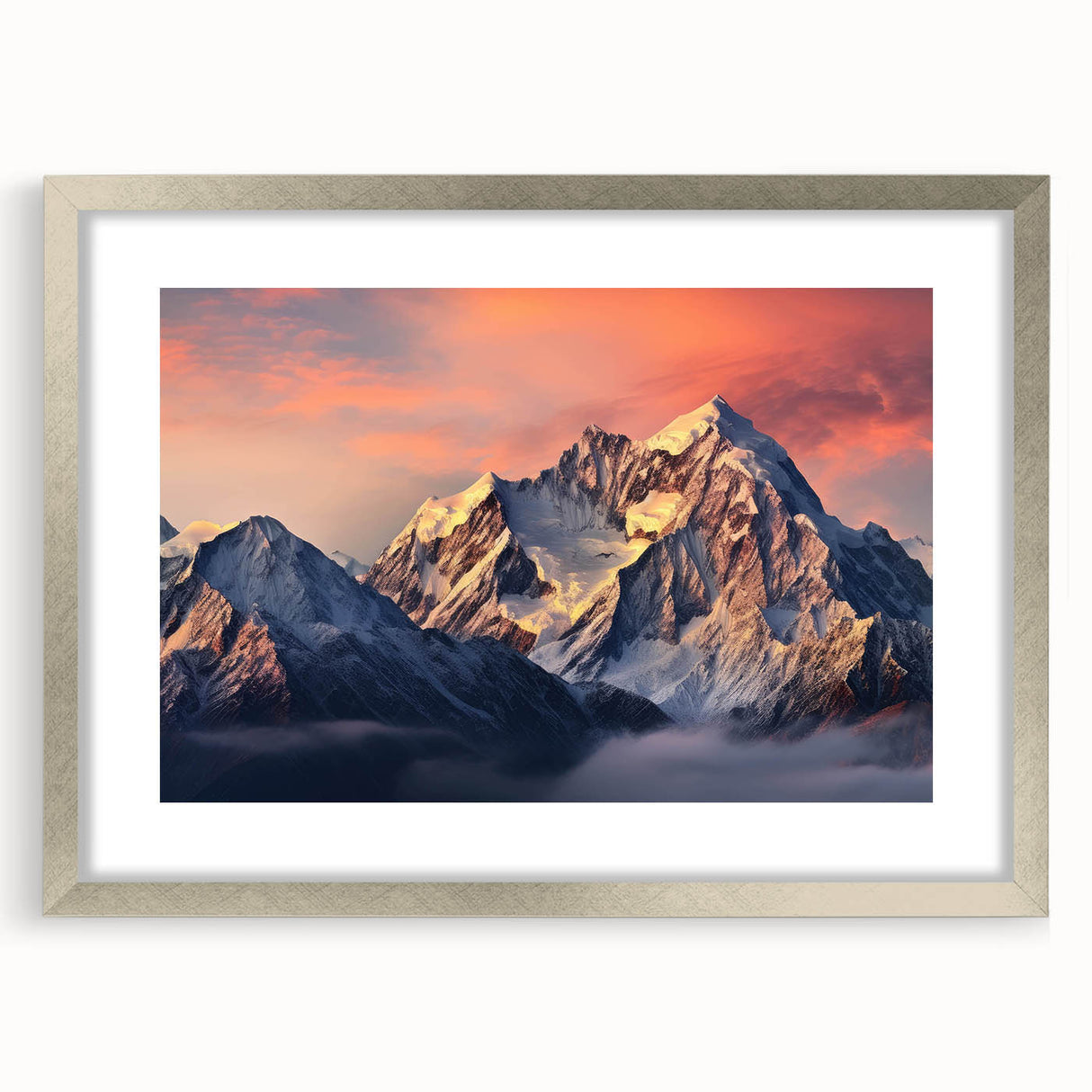 Framed wall art featuring a serene mountain landscape design, presented with a silver mat and frame, ideal for enhancing home decor with nature-inspired elegance.