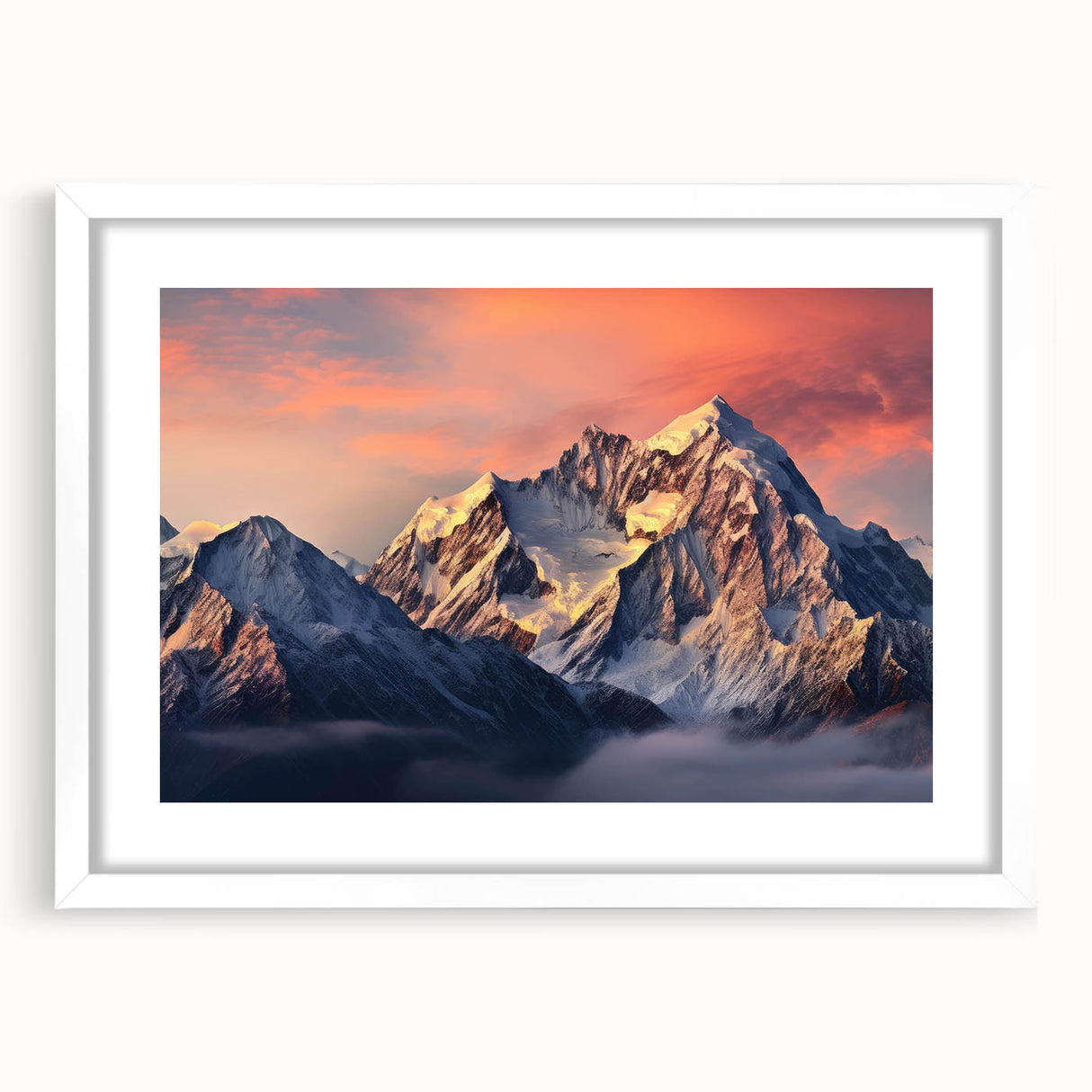 Framed landscape wall art showcasing majestic mountains in a serene setting, featuring a white mat and sleek frame designed to enhance home decor.