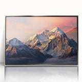 Framed wall art depicting a stunning mountain landscape design, featuring silver accents and a sleek acrylic front, perfect for enhancing modern decor.