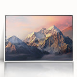 Framed acrylic wall art showcasing a serene mountain landscape with a white border, ideal for enhancing home decor. Perfect for nature lovers seeking tranquility.