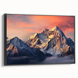 Framed canvas wall art showcasing a stunning mountain landscape design, featuring vibrant colors and intricate details, presented in a sleek black frame for an elegant touch.