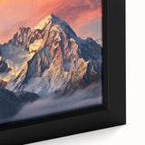 Close-up of a framed canvas wall art featuring a stunning mountain landscape design, showcasing vibrant colors and intricate details, perfect for home decor.