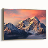 Framed canvas wall art showcasing a stunning mountain landscape with rich gold accents and a sleek side view, perfect for modern home decor.