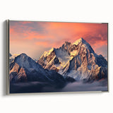 Framed canvas wall art showcasing a stunning mountain landscape design, featuring silver accents and a side view that enhances its elegant appeal. Ideal for modern home decor.